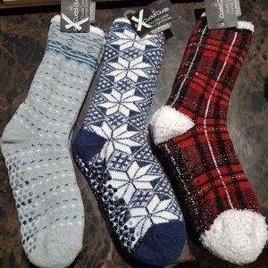 Lot Of 3 Cuddl Duds Double Layer Lounge  Socks - Light Blue, Navy, Red Plaid